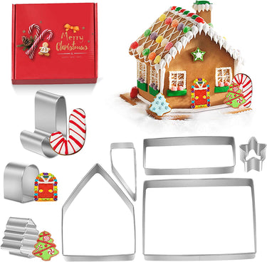 3D Gingerbread House Cookie Cutters, Stainless Steel Holiday Cookie Cutters Set, 8PCS Fondant Biscuit Christmas Cutters Shapes for Xmas Party Baking Gift, Includes House/Tree/Candy Cane/Chimney/Star